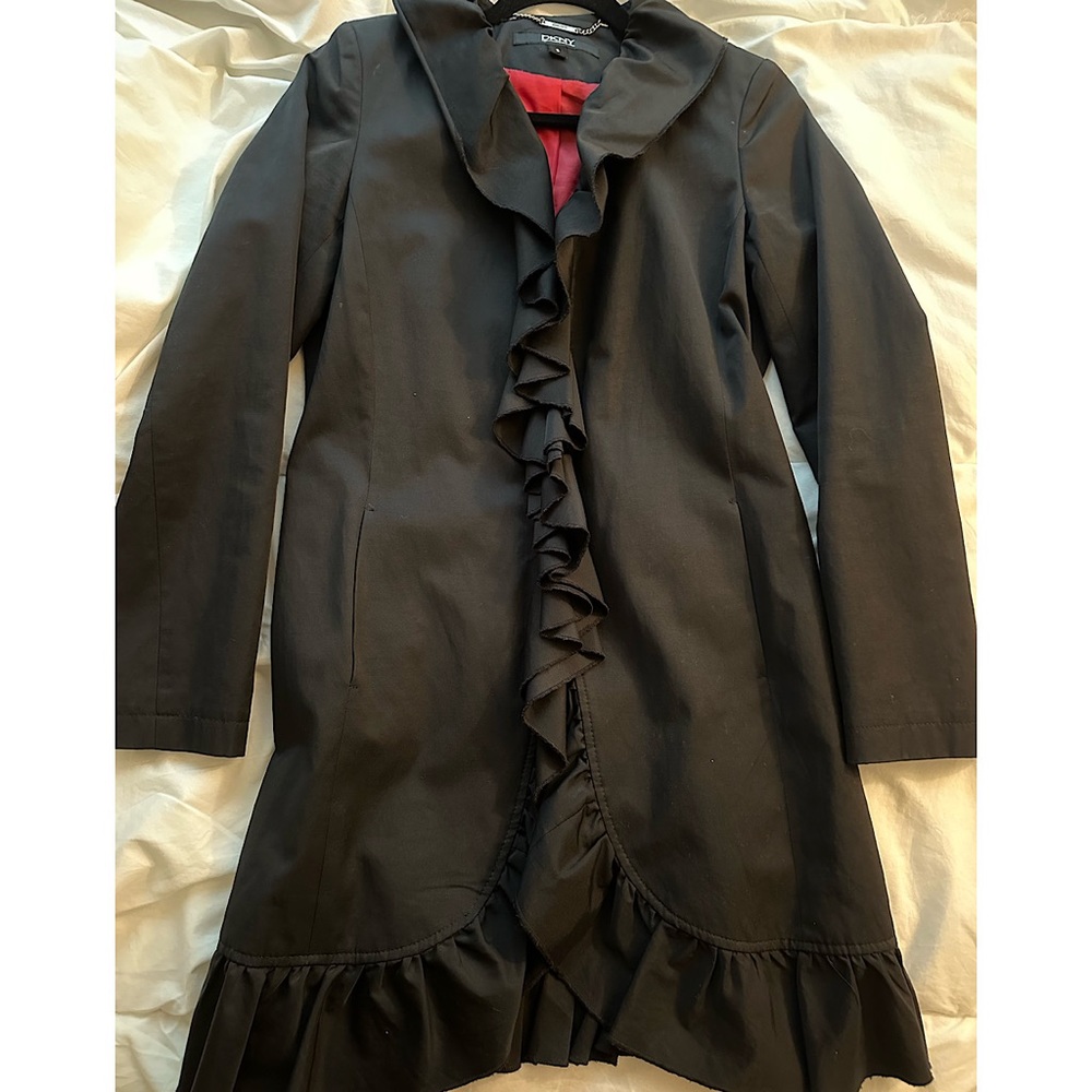 DKNY Black Ruffle Trench Coat with Red Lining